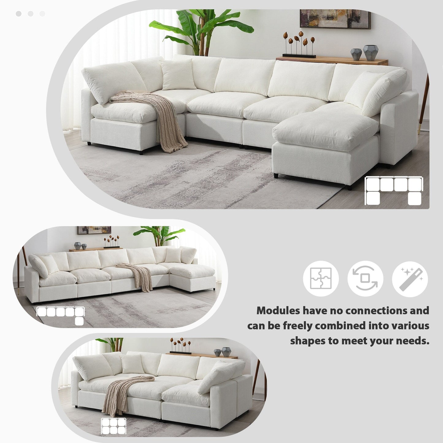 Modular Cloud Sofa Bed,Chenille Sectional Couch Set With Ottoman,Free Combination,Convertible U Shaped Sleeper Sofa