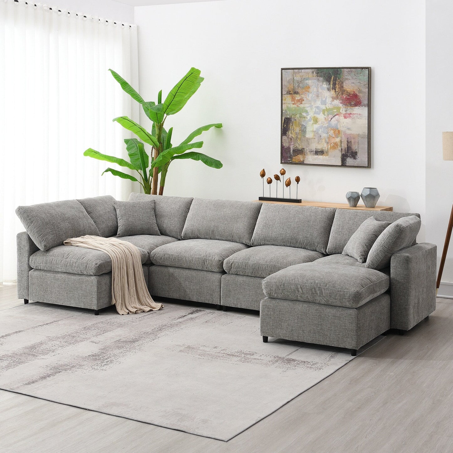 Modular Cloud Sofa Bed,Chenille Sectional Couch Set With Ottoman,Free Combination,Convertible U Shaped Sleeper Sofa