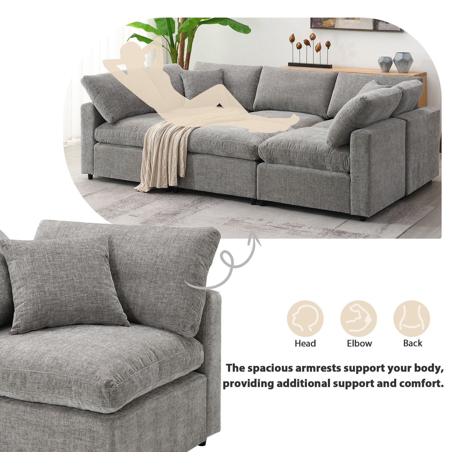 Modular Cloud Sofa Bed,Chenille Sectional Couch Set With Ottoman,Free Combination,Convertible U Shaped Sleeper Sofa