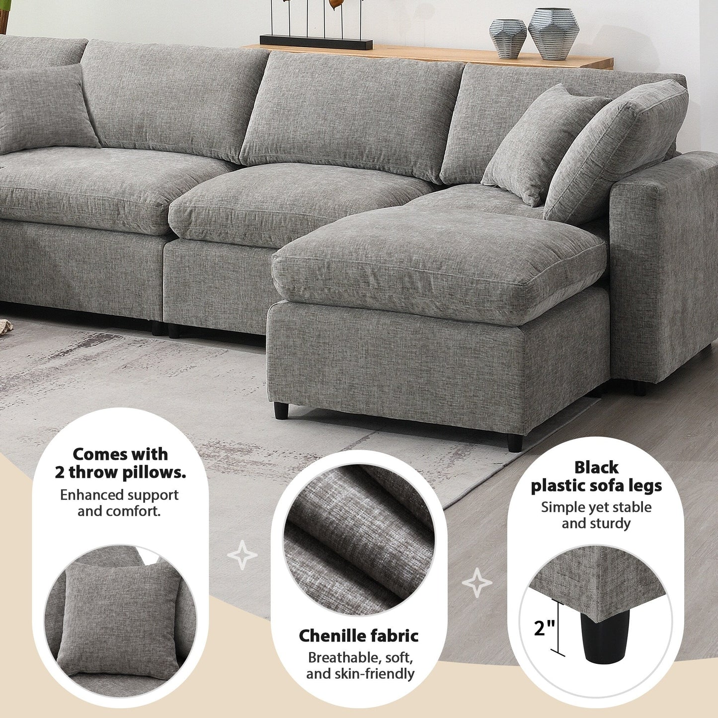 Modular Cloud Sofa Bed,Chenille Sectional Couch Set With Ottoman,Free Combination,Convertible U Shaped Sleeper Sofa