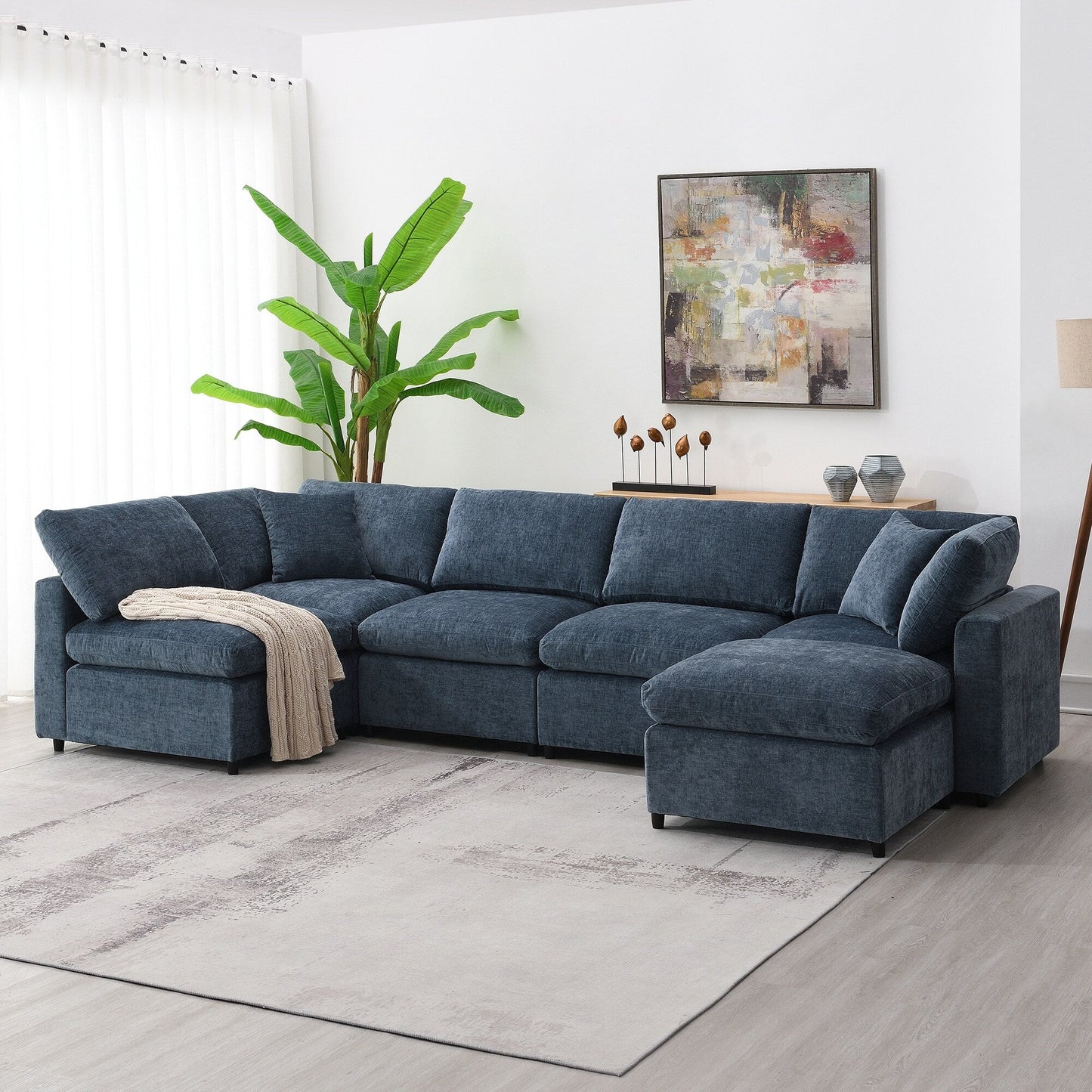 Modular Cloud Sofa Bed,Chenille Sectional Couch Set With Ottoman,Free Combination,Convertible U Shaped Sleeper Sofa