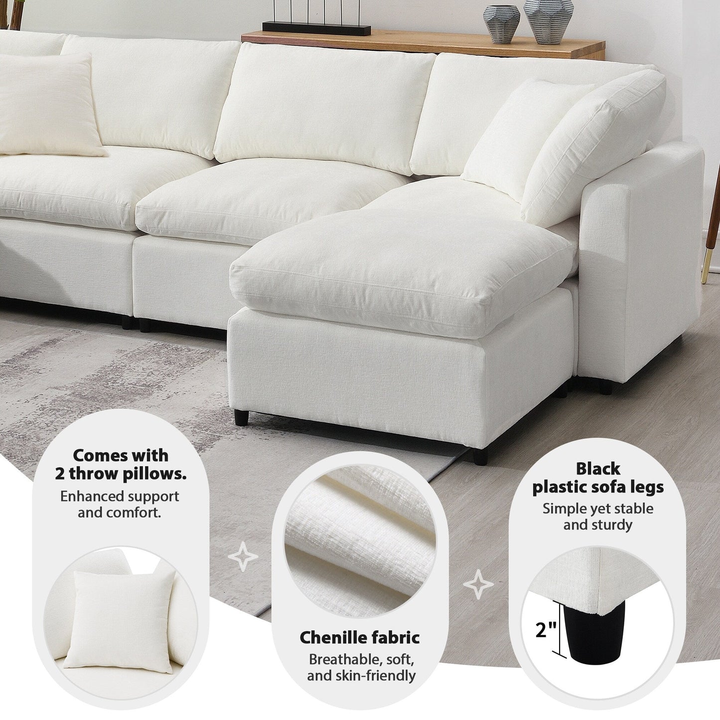 Modular Cloud Sofa Bed,Chenille Sectional Couch Set With Ottoman,Free Combination,Convertible U Shaped Sleeper Sofa