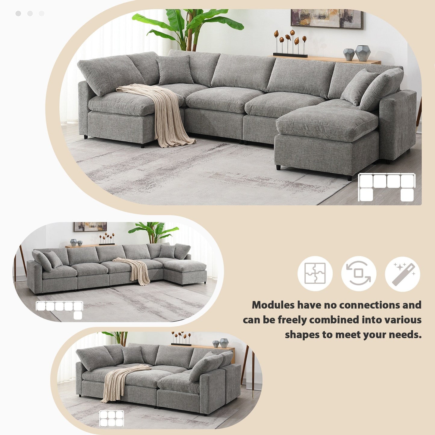 Modular Cloud Sofa Bed,Chenille Sectional Couch Set With Ottoman,Free Combination,Convertible U Shaped Sleeper Sofa