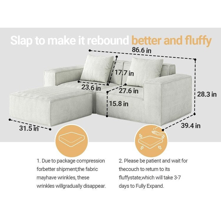 Modular Convertible Sofa Bed 2 Seater with Footrest White Cloud Velvet
