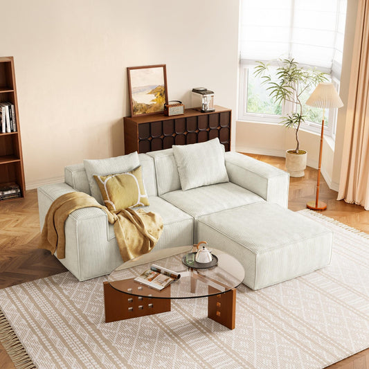 Modular Convertible Sofa Bed 2 Seater with Footrest White Cloud Velvet