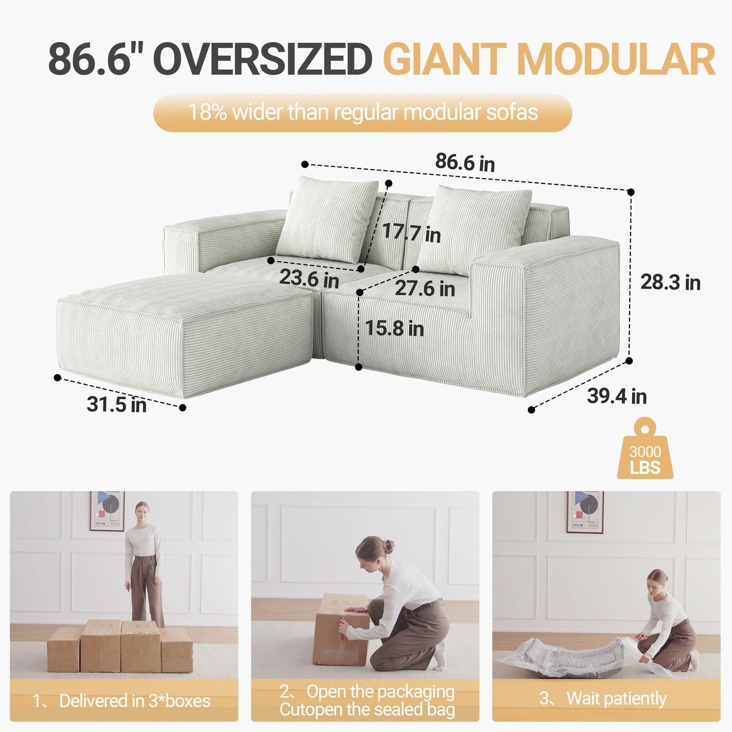 Modular Convertible Sofa Bed 2 Seater with Footrest White Cloud Velvet