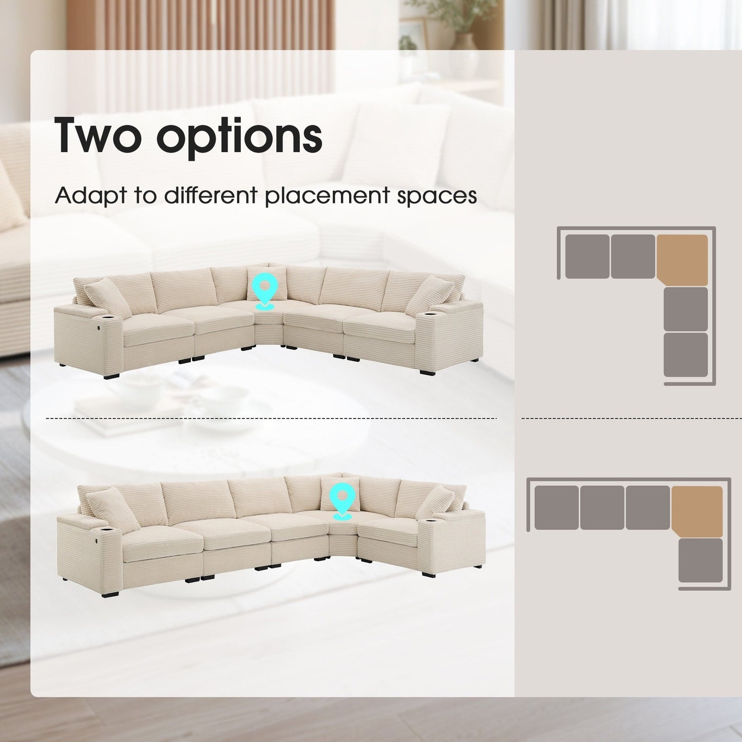 Modular Corduroy L-Shaped Sectional Sofa with Armrest Storage, USB Ports and Cup Holders for Living Room Apartment