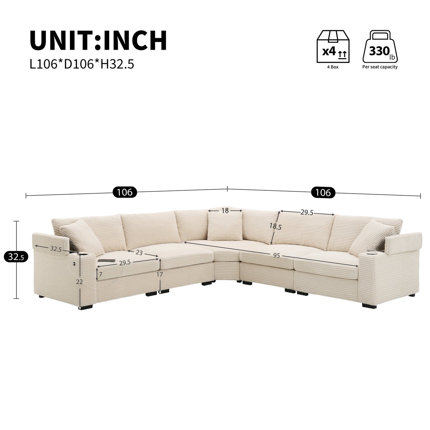 Modular Corduroy L-Shaped Sectional Sofa with Armrest Storage, USB Ports and Cup Holders for Living Room Apartment