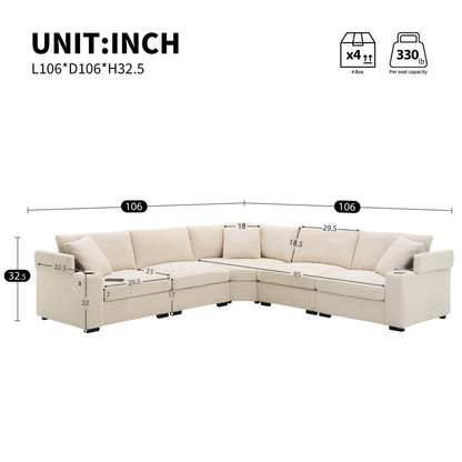Modular Corduroy L-Shaped Sectional Sofa with Armrest Storage, USB Ports and Cup Holders for Living Room Apartment