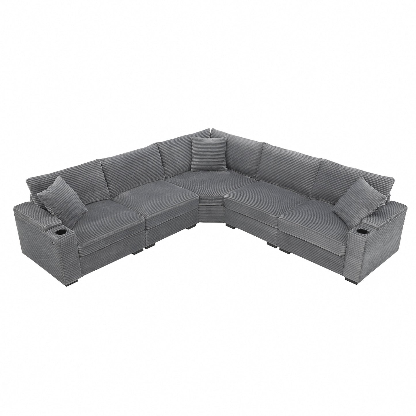 Modular Corduroy L-Shaped Sectional Sofa with Armrest Storage, USB Ports and Cup Holders for Living Room Apartment