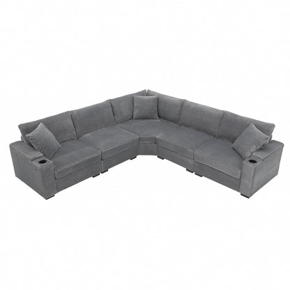 Modular Corduroy L-Shaped Sectional Sofa with Armrest Storage, USB Ports and Cup Holders for Living Room Apartment