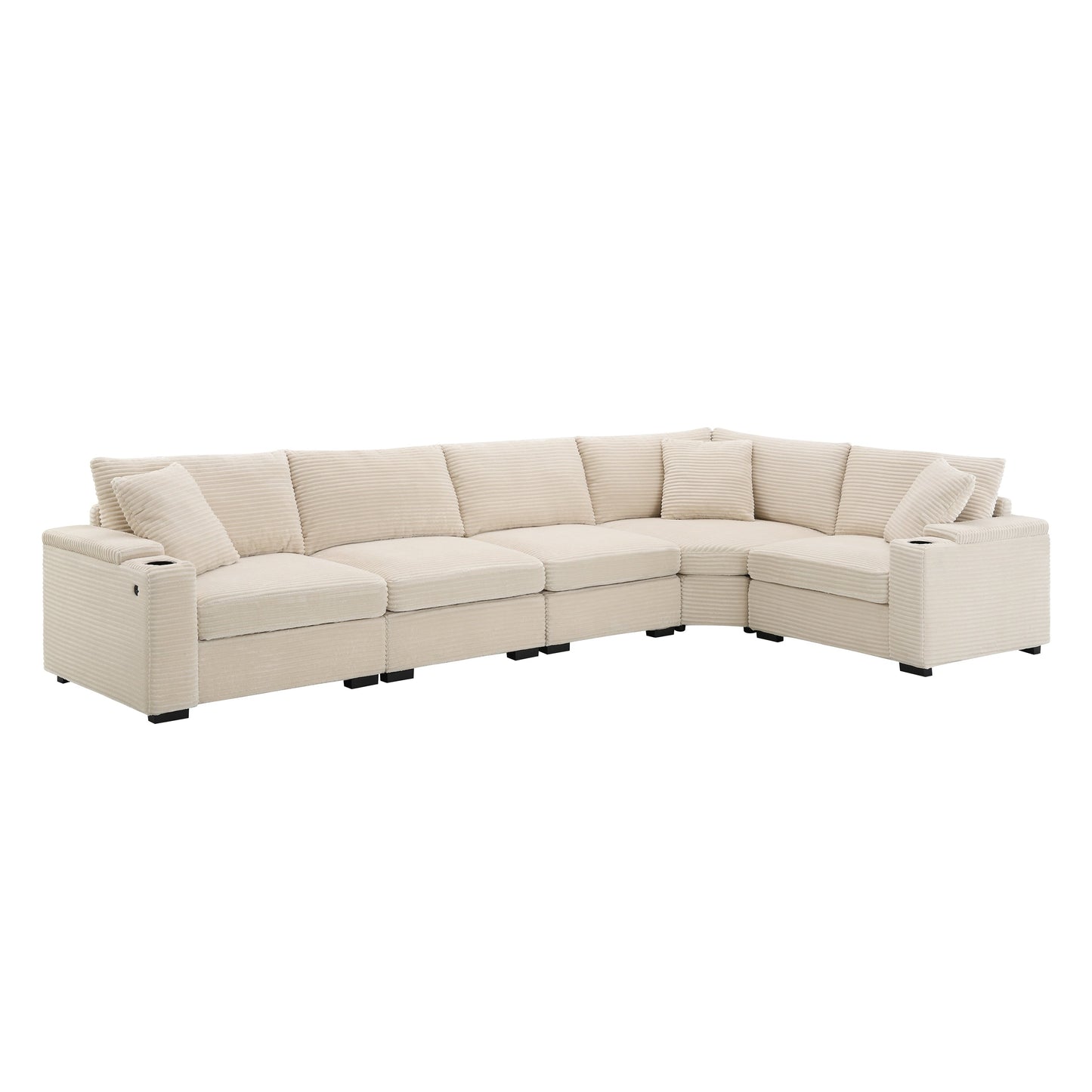 Modular Corduroy L-Shaped Sectional Sofa with Armrest Storage, USB Ports and Cup Holders for Living Room Apartment