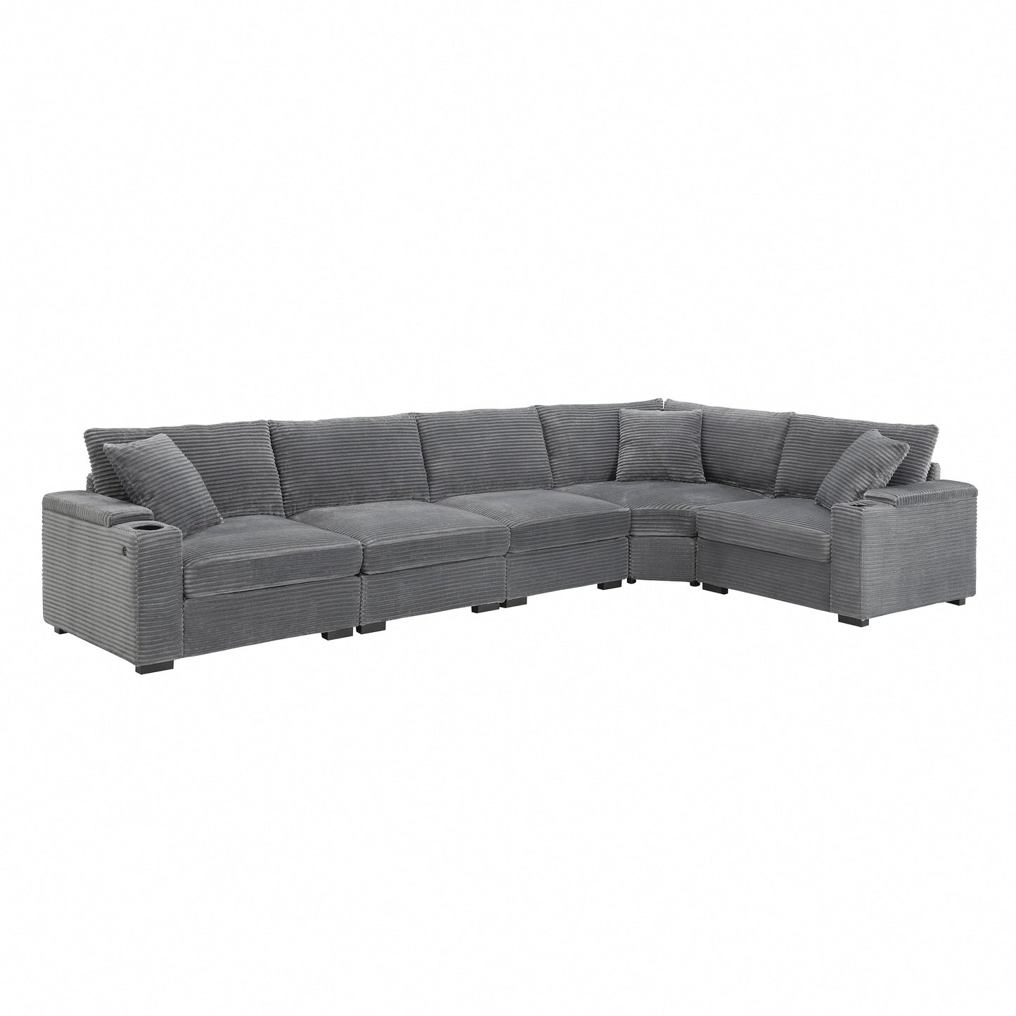 Modular Corduroy L-Shaped Sectional Sofa with Armrest Storage, USB Ports and Cup Holders for Living Room Apartment