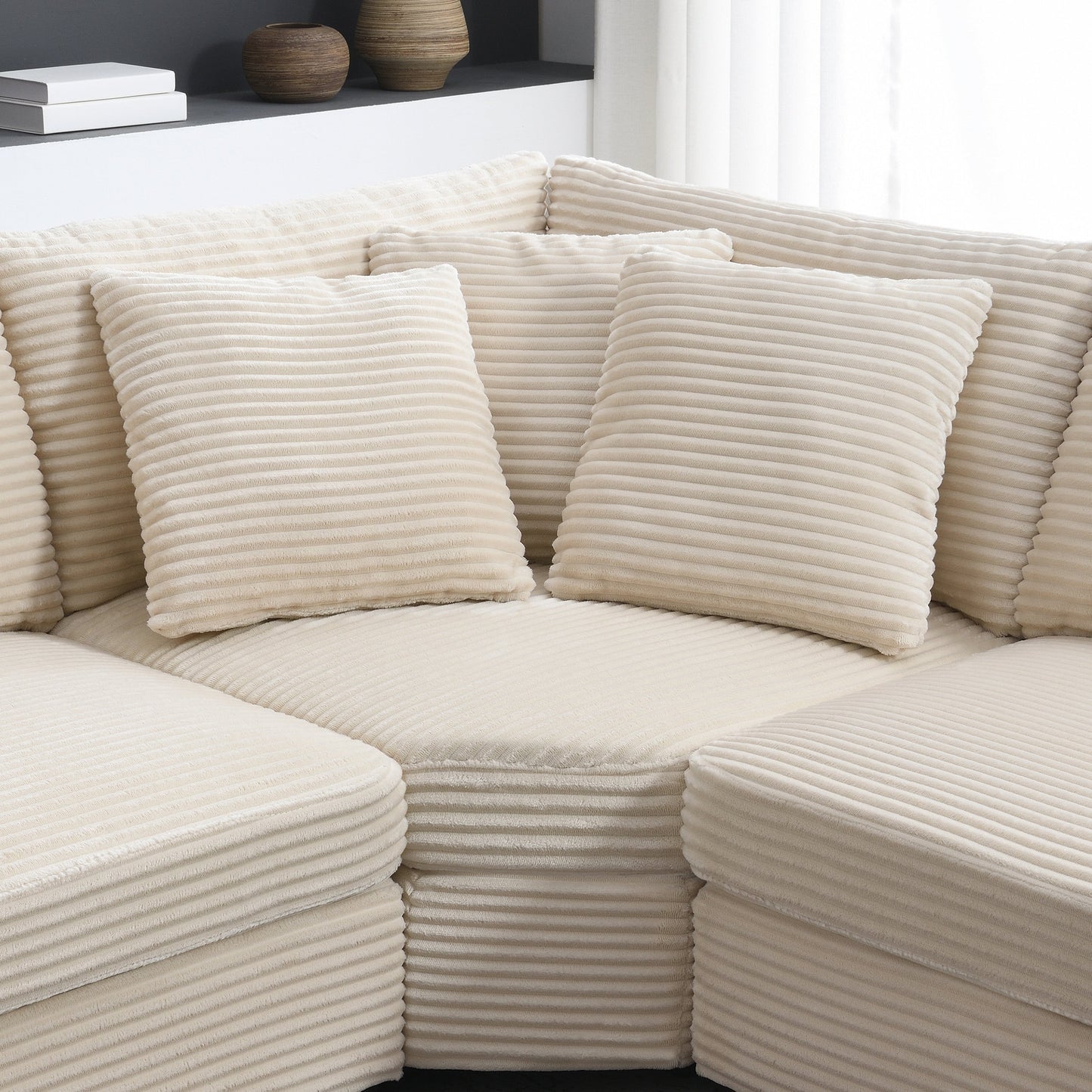 Modular Corduroy L-Shaped Sectional Sofa with Armrest Storage, USB Ports and Cup Holders for Living Room Apartment