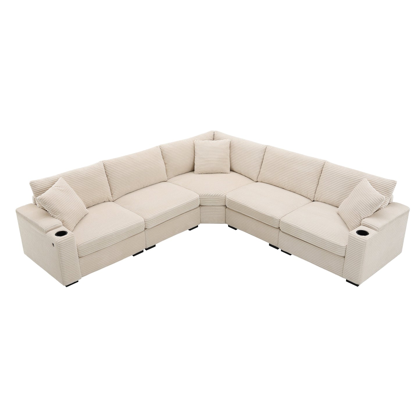 Modular Corduroy L-Shaped Sectional Sofa with Armrest Storage, USB Ports and Cup Holders for Living Room Apartment