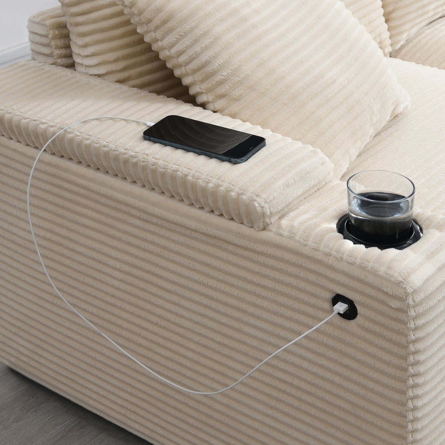 Modular Corduroy L-Shaped Sectional Sofa with Armrest Storage, USB Ports and Cup Holders for Living Room Apartment