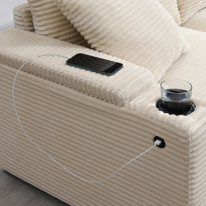 Modular Corduroy L-Shaped Sectional Sofa with Armrest Storage, USB Ports and Cup Holders for Living Room Apartment
