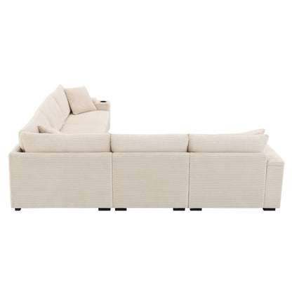 Modular Corduroy L-Shaped Sectional Sofa with Armrest Storage, USB Ports and Cup Holders for Living Room Apartment