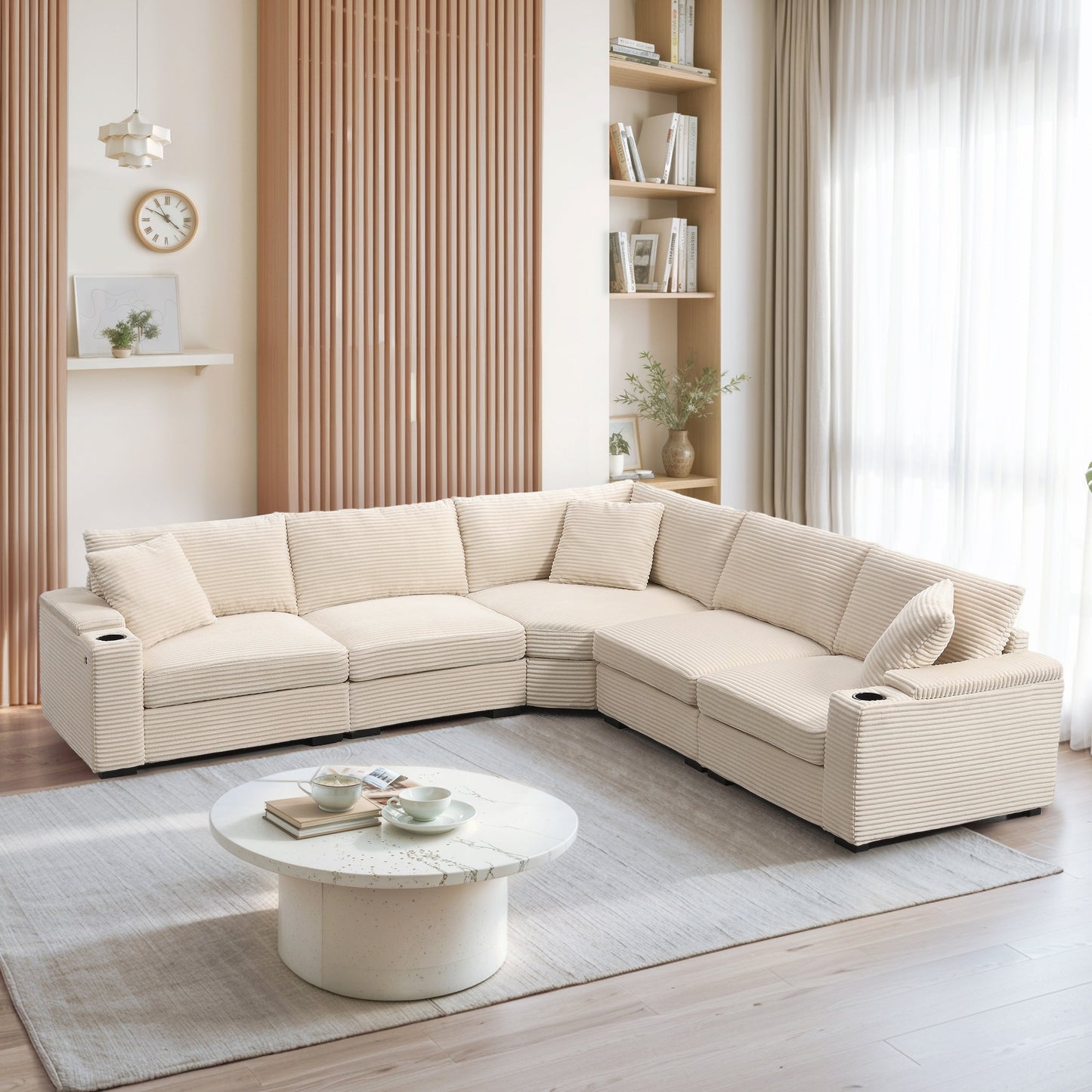 Modular Corduroy L-Shaped Sectional Sofa with Armrest Storage, USB Ports and Cup Holders for Living Room Apartment