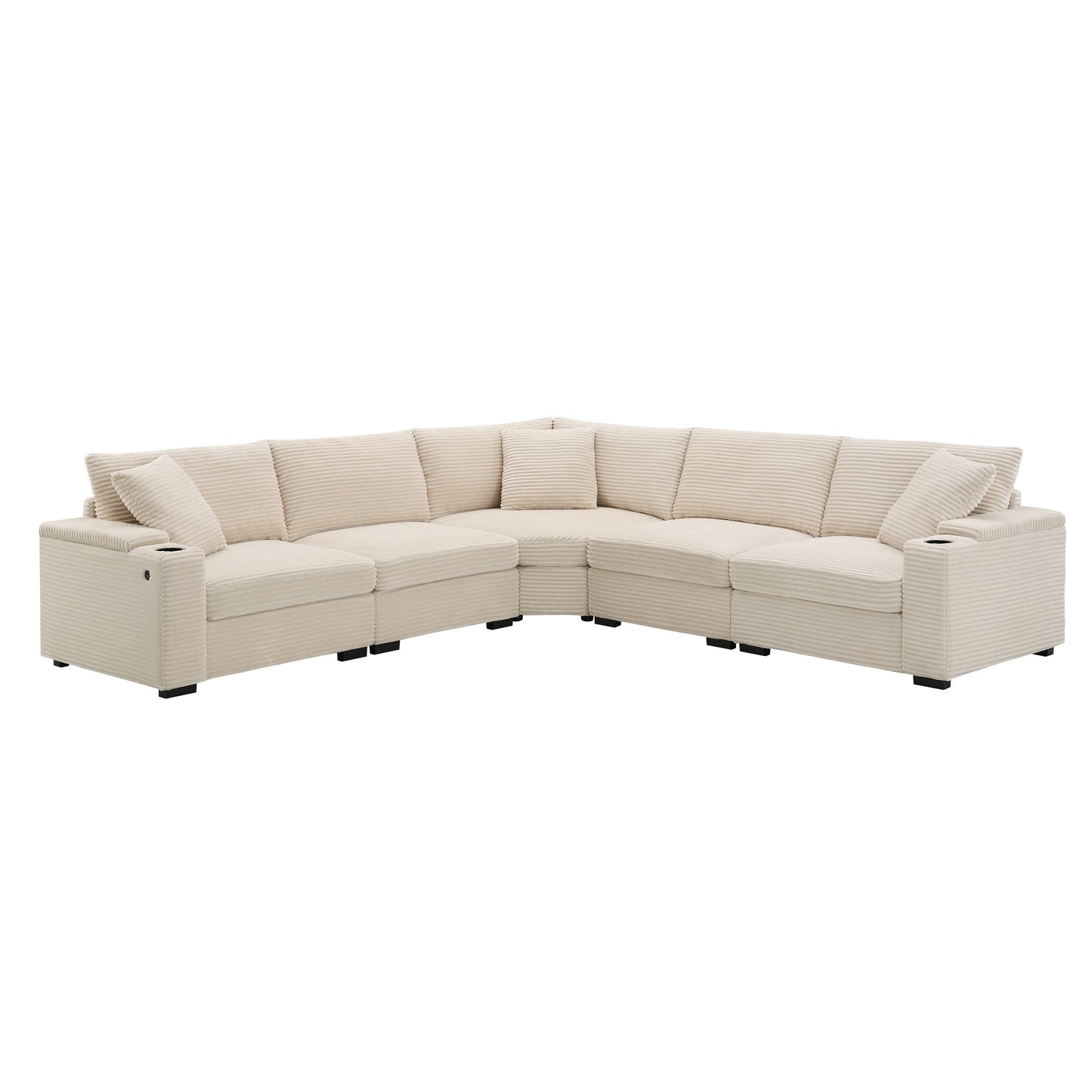 Modular Corduroy L-Shaped Sectional Sofa with Armrest Storage, USB Ports and Cup Holders for Living Room Apartment