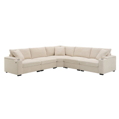 Modular Corduroy L-Shaped Sectional Sofa with Armrest Storage, USB Ports and Cup Holders for Living Room Apartment