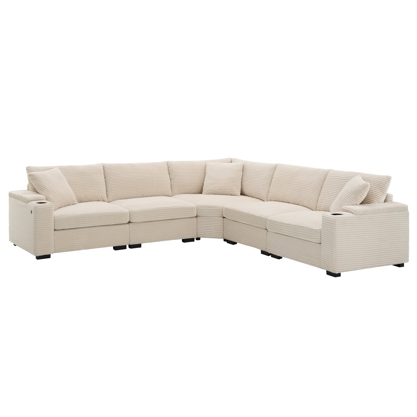 Modular Corduroy L-Shaped Sectional Sofa with Armrest Storage, USB Ports and Cup Holders for Living Room Apartment