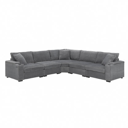 Modular Corduroy L-Shaped Sectional Sofa with Armrest Storage, USB Ports and Cup Holders for Living Room Apartment
