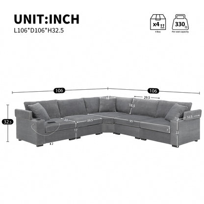Modular Corduroy L-Shaped Sectional Sofa with Armrest Storage, USB Ports and Cup Holders for Living Room Apartment