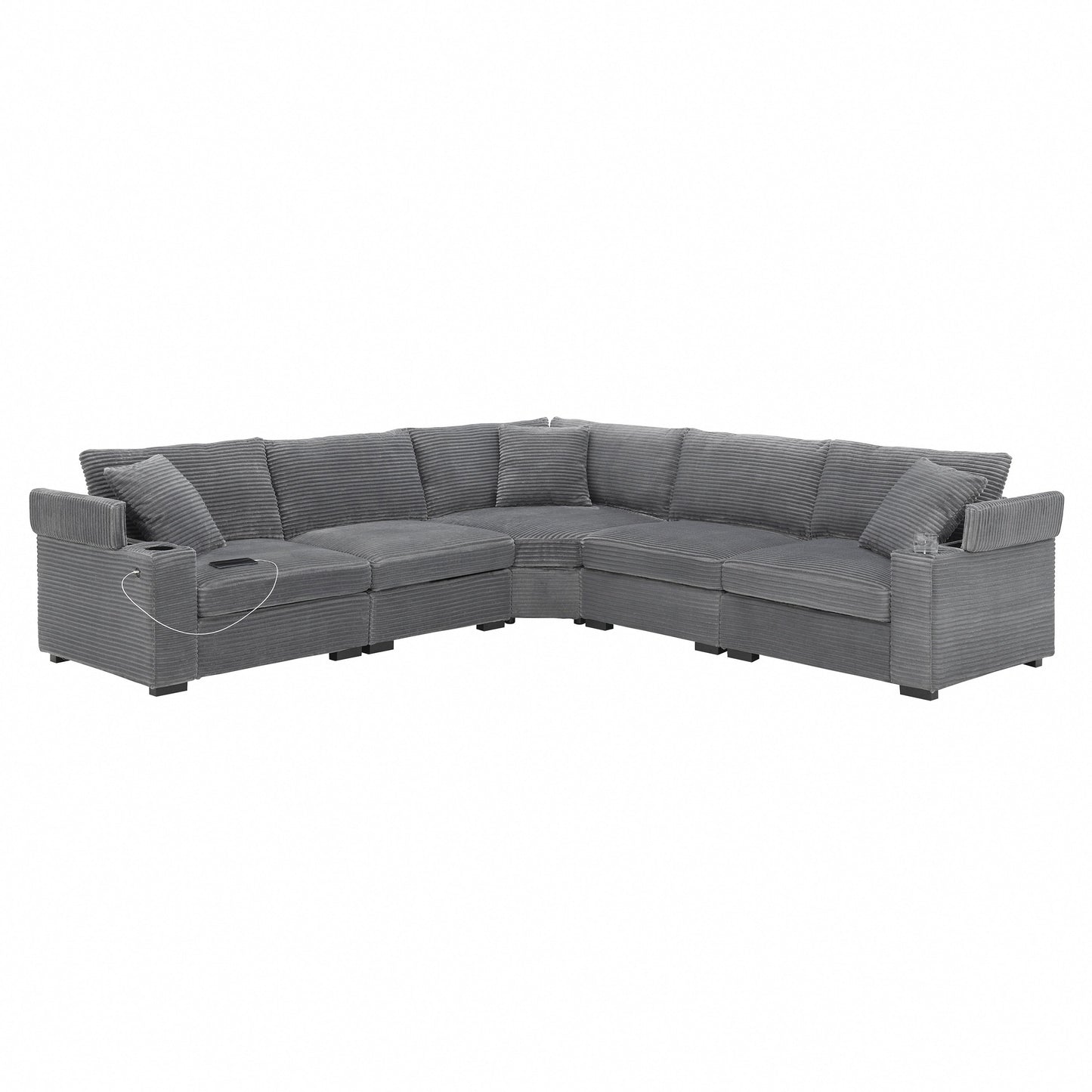 Modular Corduroy L-Shaped Sectional Sofa with Armrest Storage, USB Ports and Cup Holders for Living Room Apartment
