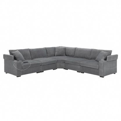 Modular Corduroy L-Shaped Sectional Sofa with Armrest Storage, USB Ports and Cup Holders for Living Room Apartment