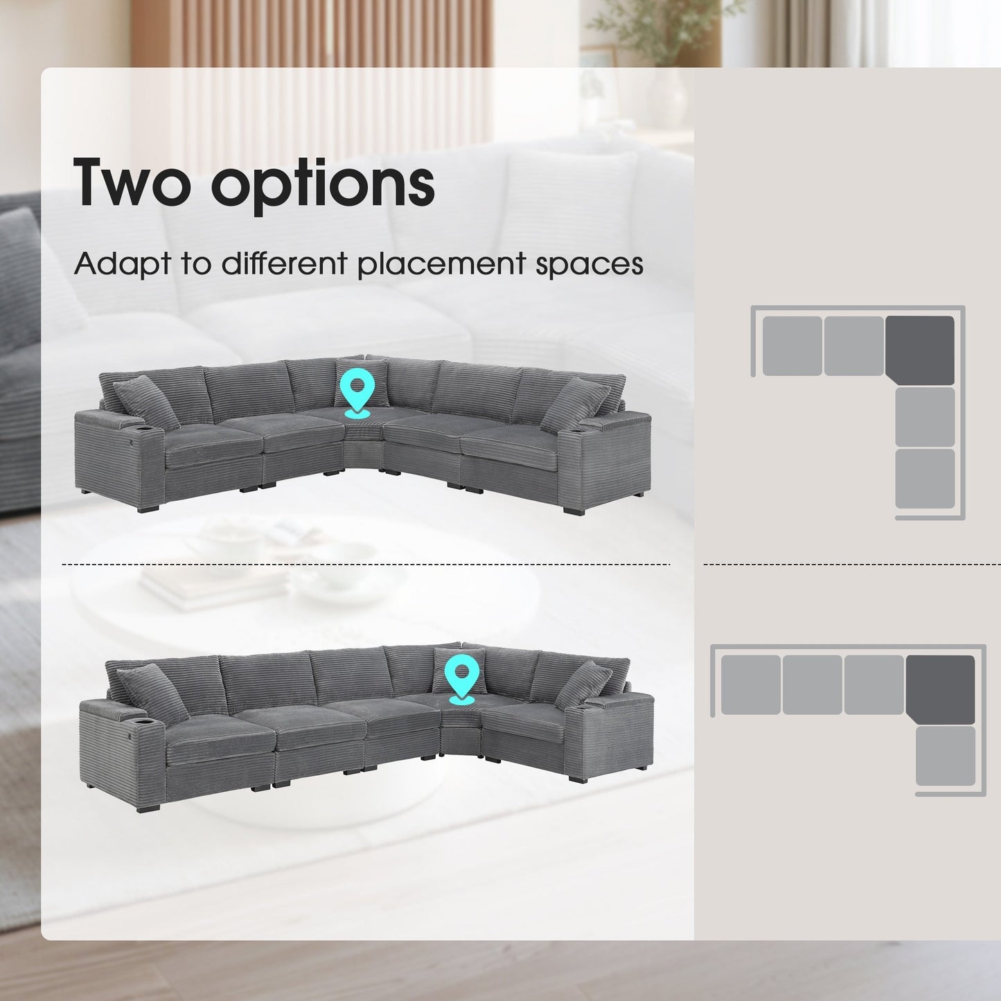 Modular Corduroy L-Shaped Sectional Sofa with Armrest Storage, USB Ports and Cup Holders for Living Room Apartment