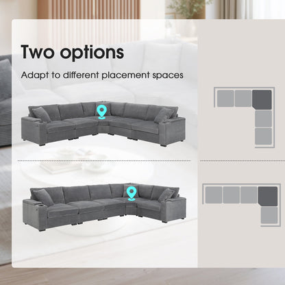 Modular Corduroy L-Shaped Sectional Sofa with Armrest Storage, USB Ports and Cup Holders for Living Room Apartment
