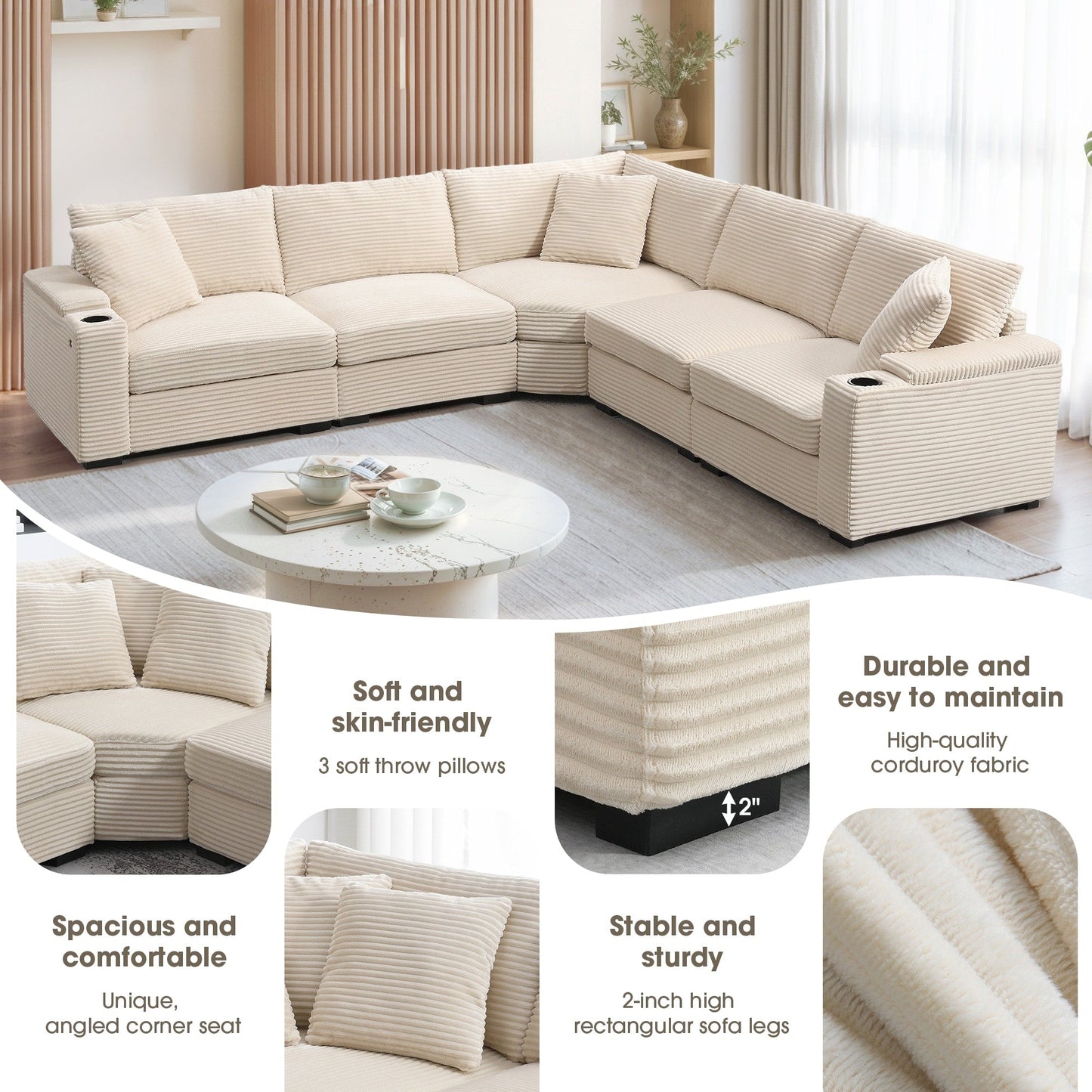 Modular Corduroy L-Shaped Sectional Sofa with Armrest Storage, USB Ports and Cup Holders for Living Room Apartment