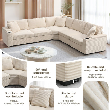Modular Corduroy L-Shaped Sectional Sofa with Armrest Storage, USB Ports and Cup Holders for Living Room Apartment