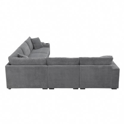 Modular Corduroy L-Shaped Sectional Sofa with Armrest Storage, USB Ports and Cup Holders for Living Room Apartment