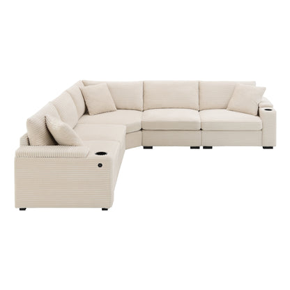 Modular Corduroy L-Shaped Sectional Sofa with Armrest Storage, USB Ports and Cup Holders for Living Room Apartment