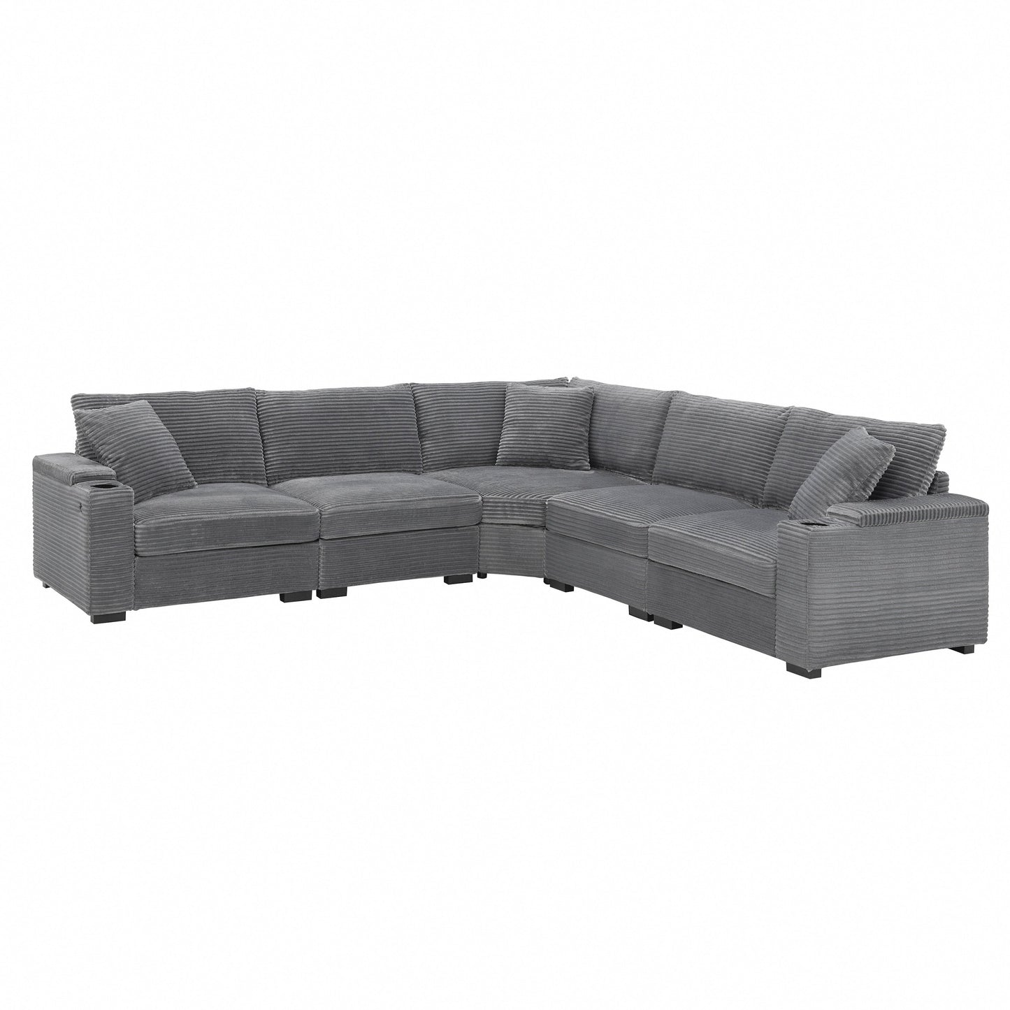 Modular Corduroy L-Shaped Sectional Sofa with Armrest Storage, USB Ports and Cup Holders for Living Room Apartment