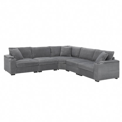Modular Corduroy L-Shaped Sectional Sofa with Armrest Storage, USB Ports and Cup Holders for Living Room Apartment