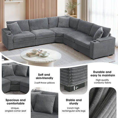 Modular Corduroy L-Shaped Sectional Sofa with Armrest Storage, USB Ports and Cup Holders for Living Room Apartment