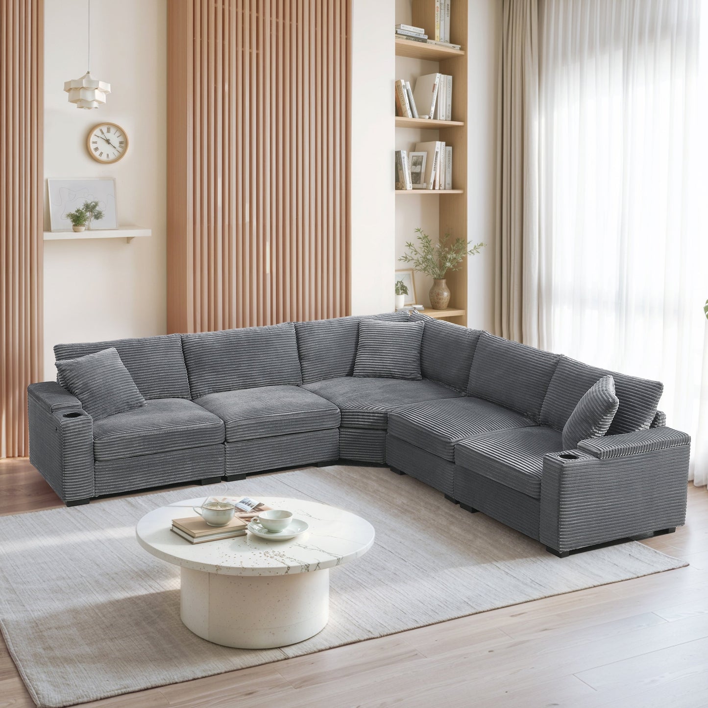 Modular Corduroy L-Shaped Sectional Sofa with Armrest Storage, USB Ports and Cup Holders for Living Room Apartment