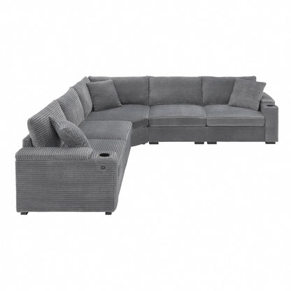 Modular Corduroy L-Shaped Sectional Sofa with Armrest Storage, USB Ports and Cup Holders for Living Room Apartment