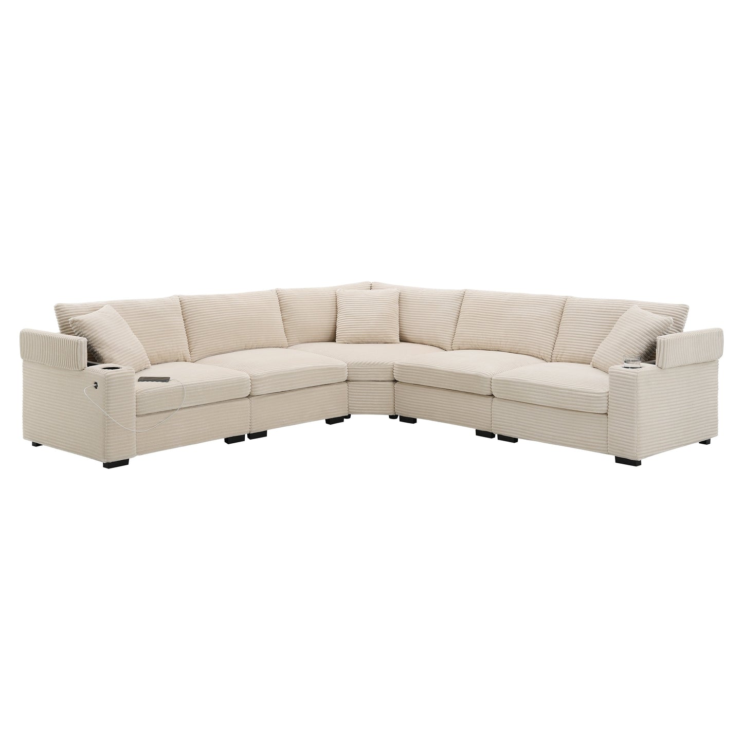 Modular Corduroy L-Shaped Sectional Sofa with Armrest Storage, USB Ports and Cup Holders for Living Room Apartment