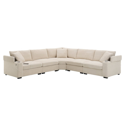 Modular Corduroy L-Shaped Sectional Sofa with Armrest Storage, USB Ports and Cup Holders for Living Room Apartment
