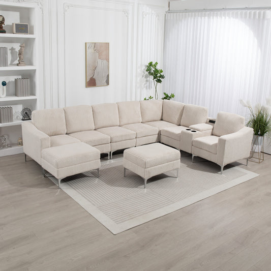 Modular Corduroy Sectional Sofa Convertible 6-Seat Couch with USB Ports, Storage Ottomans and Cup Holder for Living Room