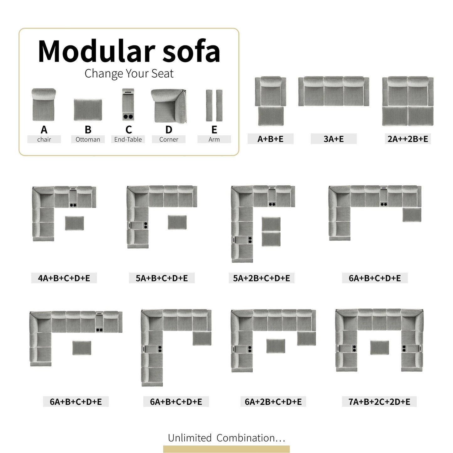 Modular Corduroy Sectional Sofa Convertible 6-Seat Couch with USB Ports, Storage Ottomans and Cup Holder for Living Room
