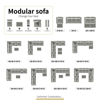 Modular Corduroy Sectional Sofa Convertible 6-Seat Couch with USB Ports, Storage Ottomans and Cup Holder for Living Room