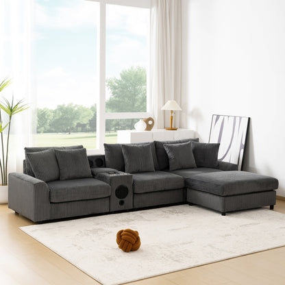Modular Corduroy Sectional Sofa with Bluetooth Speakers, Charging Ports, Cup Holders, Storage and Ottoman for Living Room