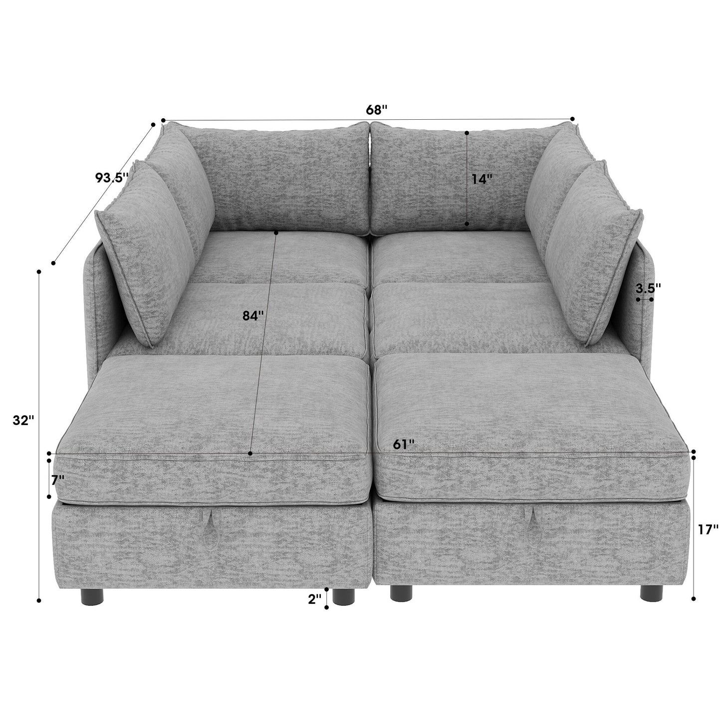 Modular Fabric Sectional Sofa Convertible Sofa Bed Set Sleeper Sofa with Storage Seats for Living Room