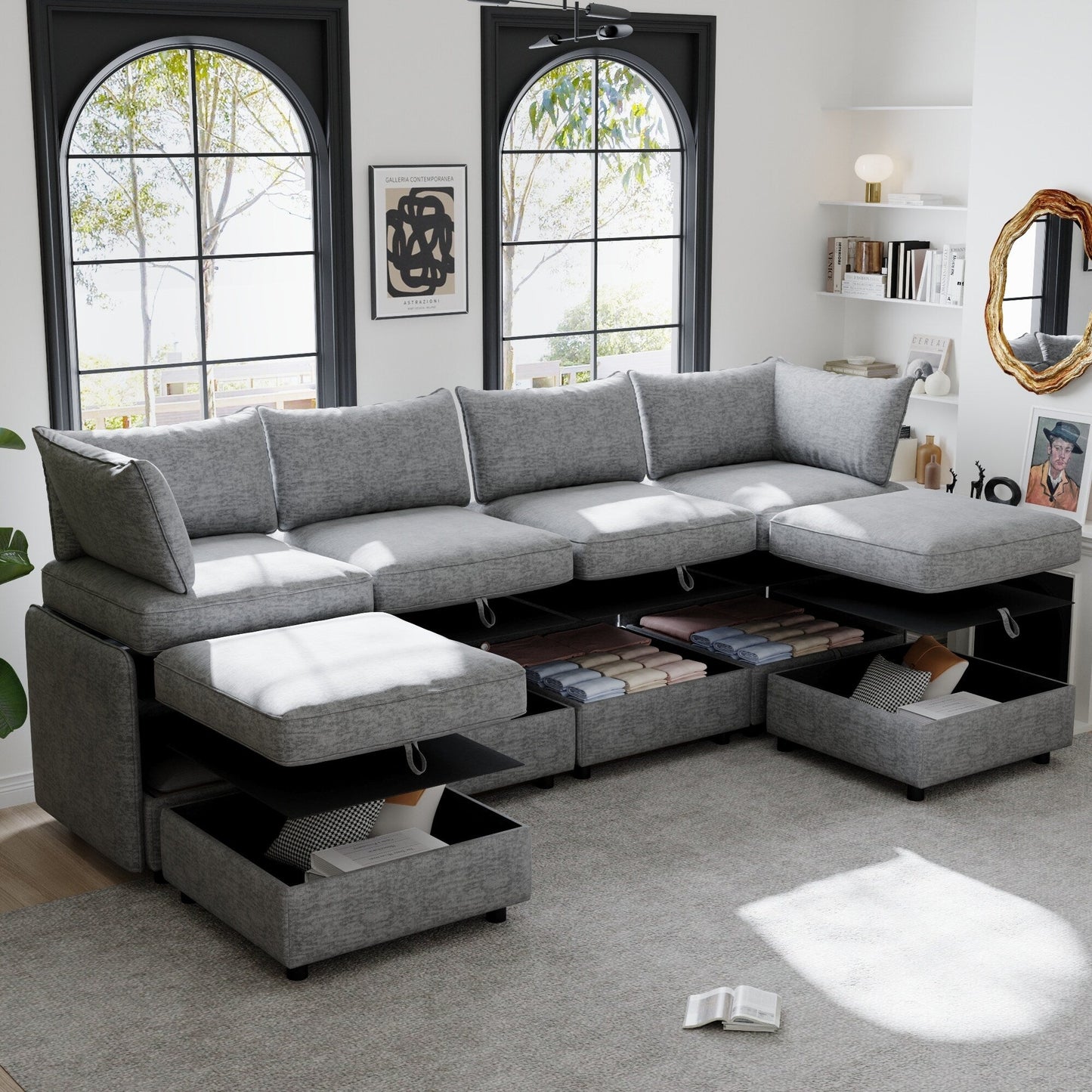Modular Fabric Sectional Sofa Convertible Sofa Bed Set Sleeper Sofa with Storage Seats for Living Room