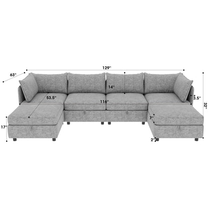 Modular Fabric Sectional Sofa Convertible Sofa Bed Set Sleeper Sofa with Storage Seats for Living Room